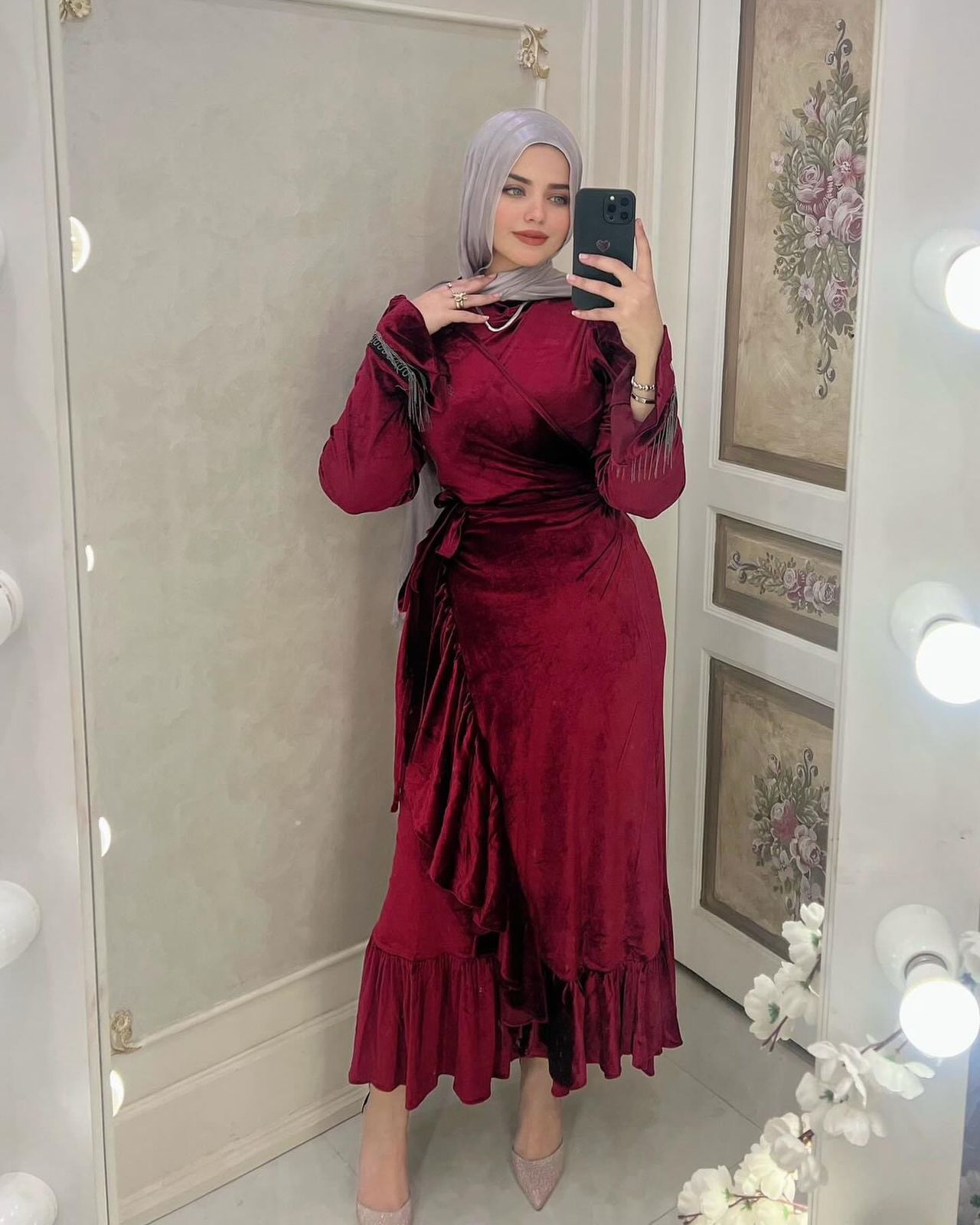 تنورة سوارة قطيفة - عنابي